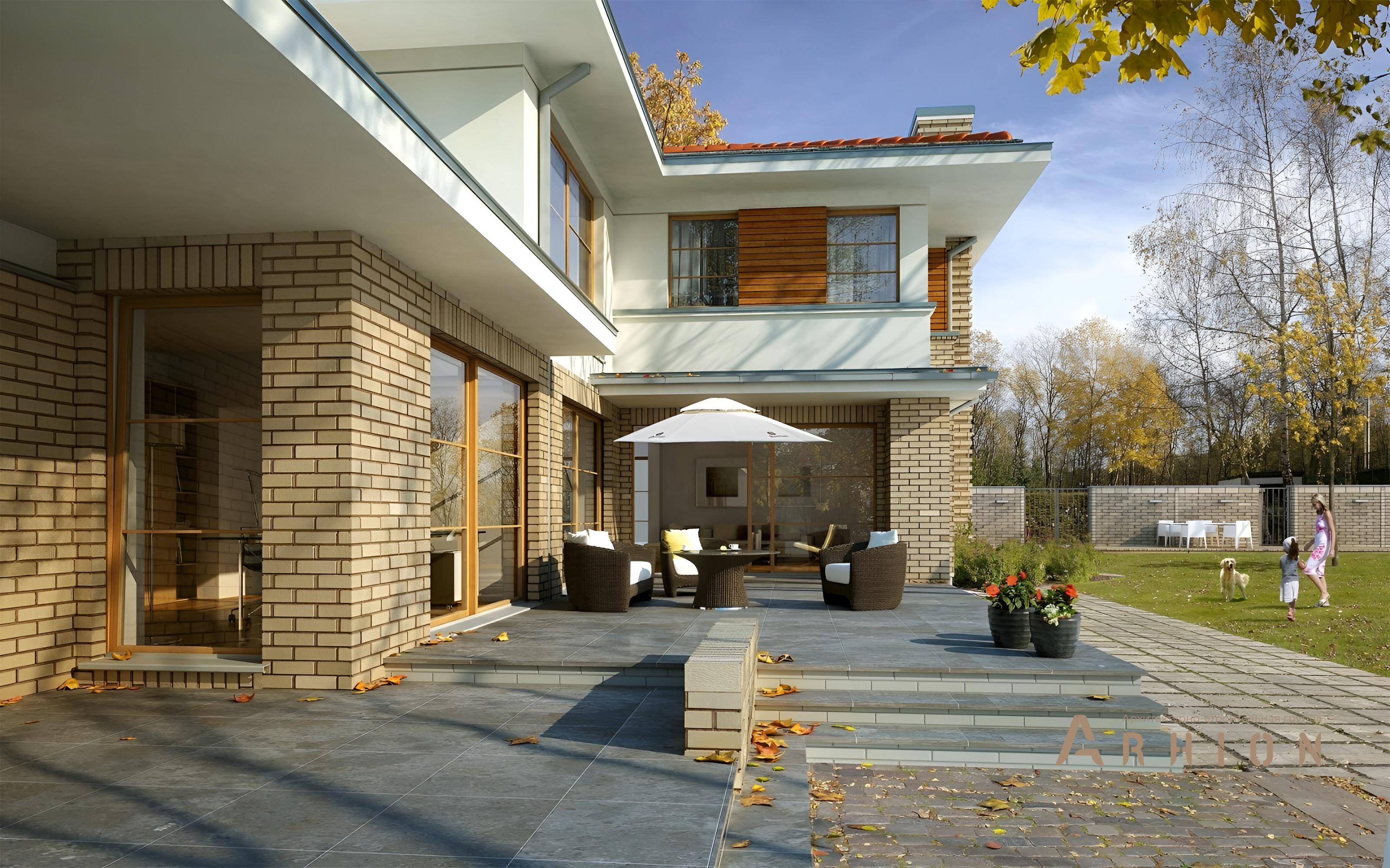 2. Проект двухэтажного дома в стиле Ллойда Райта (прерий) с четырехскатной, BY-12, площадью - 252 кв c балконом, гаражом